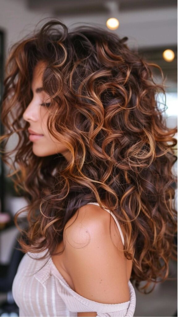 Caramel highlights on curly hair showing curl-specific placement
