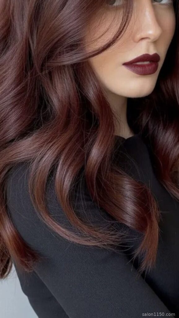 Close-up of cherry cola burgundy hair color showing warm red-brown tones