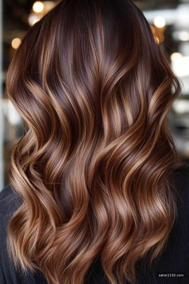Chocolate brown balayage showing gradient from dark roots to lighter caramel ends