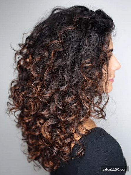 Chocolate brown hair color on natural curly hair showing light and dimension
