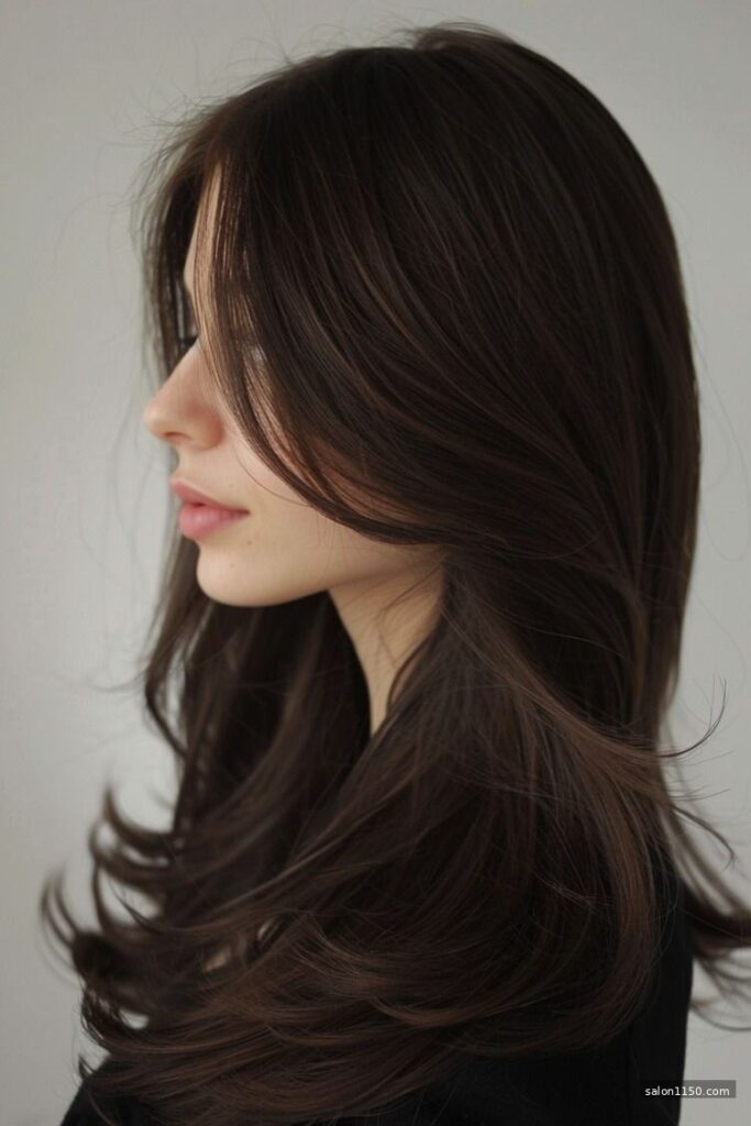 Rich chocolate brown hair color with natural dimension shown in salon lighting