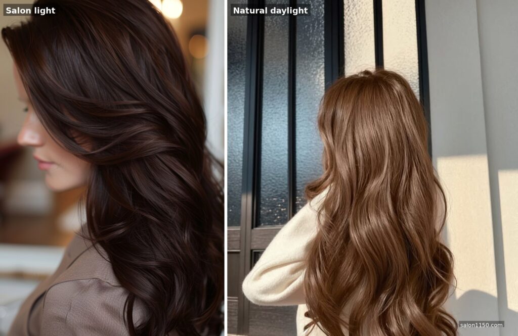 Chocolate brown hair color comparison in salon lighting versus natural daylight