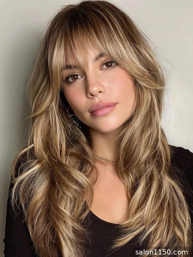 Blonde curtain bangs with layered hair framing the face