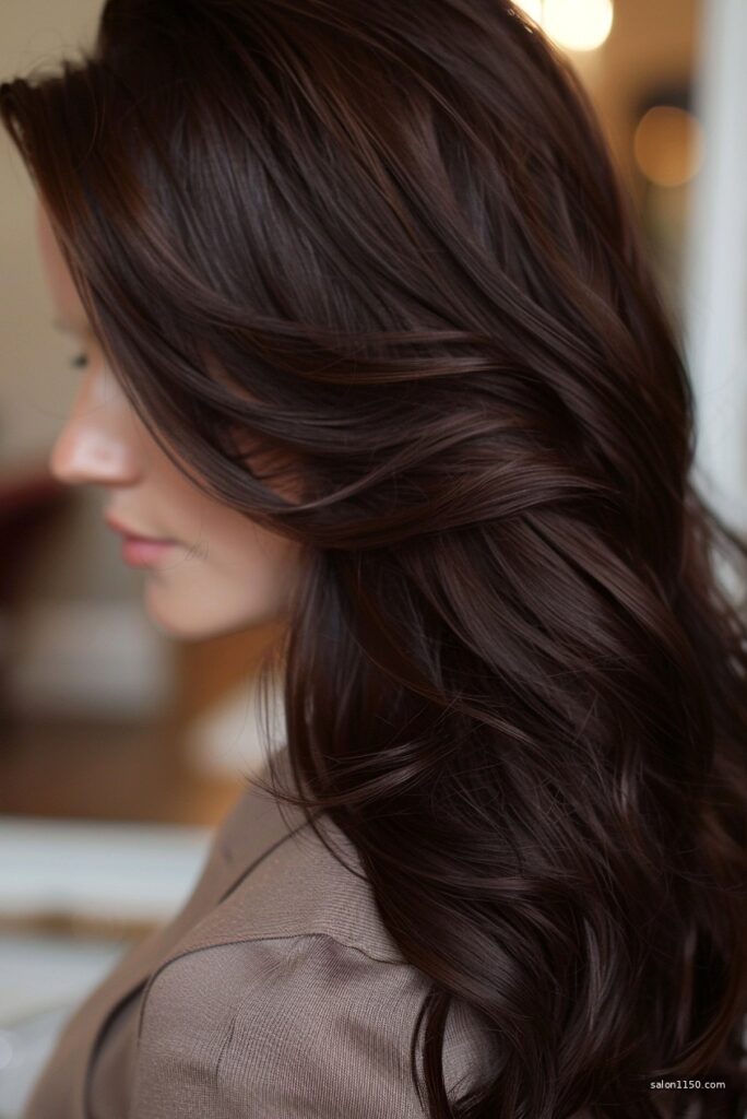 Dark chocolate brown hair color showing warm undertones in natural daylight