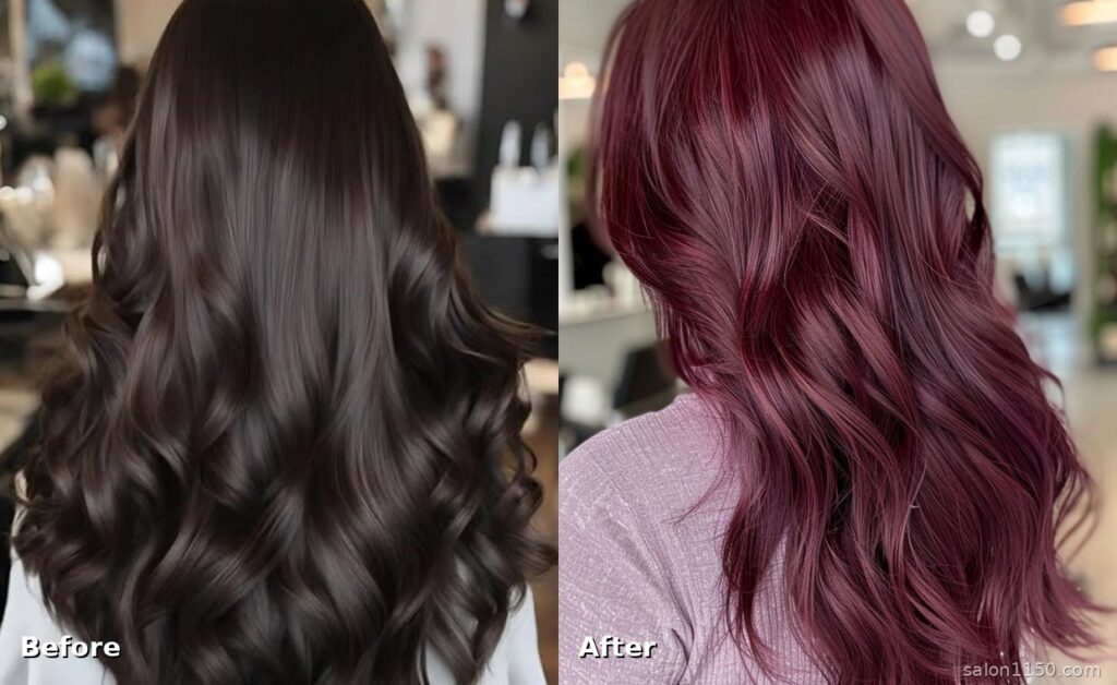 Before and after split-frame showing dark hair transformed to burgundy hair color