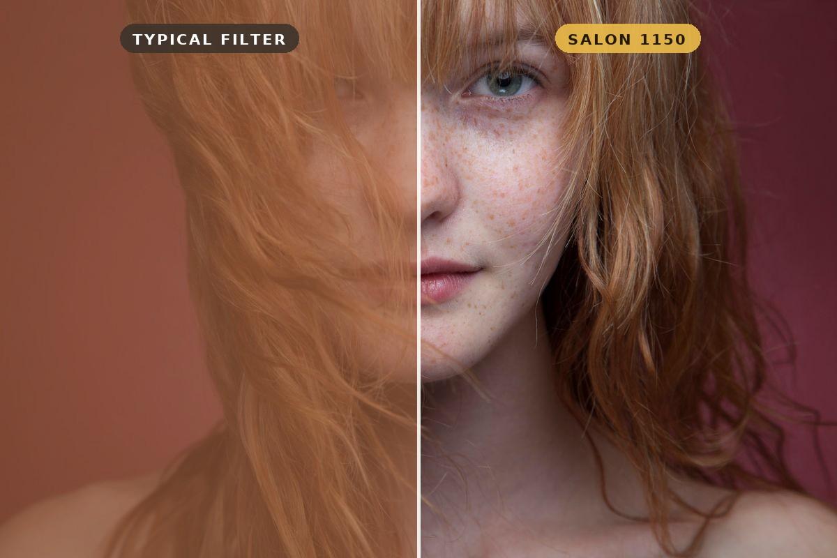 Side-by-side comparison of a flat hair color filter versus the realistic Salon 1150 try-on