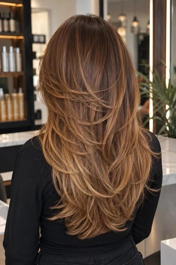 Golden caramel hair color on long layered hair in sunlight
