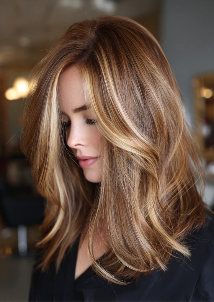 Face-framing light caramel highlights on brown hair