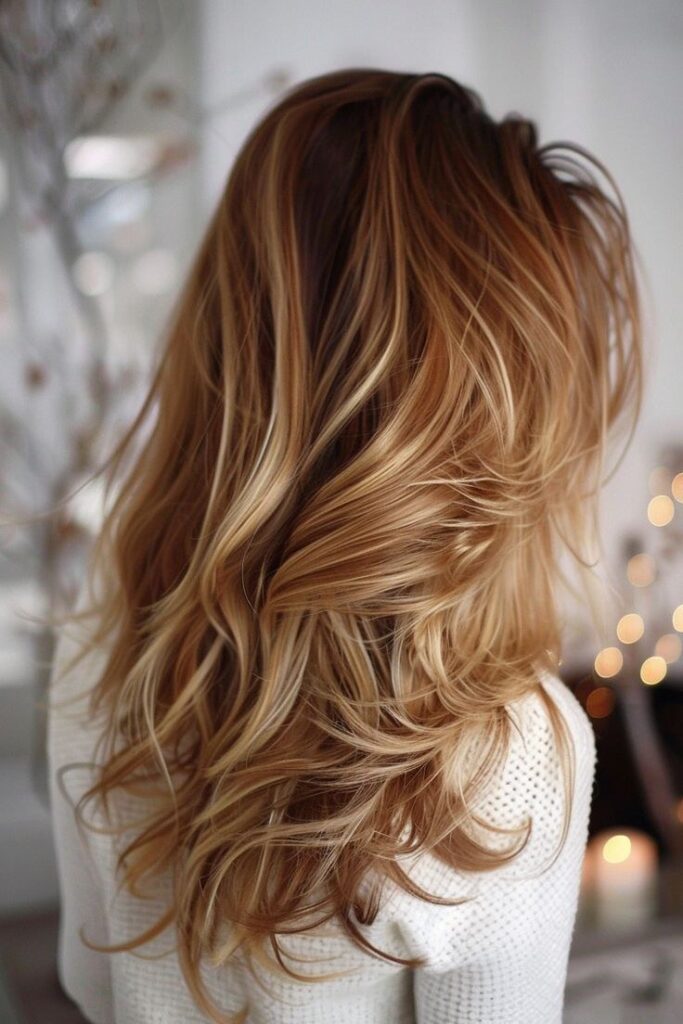 Light caramel hair color on medium-length wavy hair in natural daylight