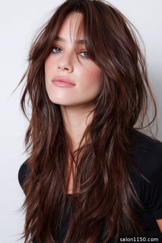 Long hair with curtain bangs and soft layers