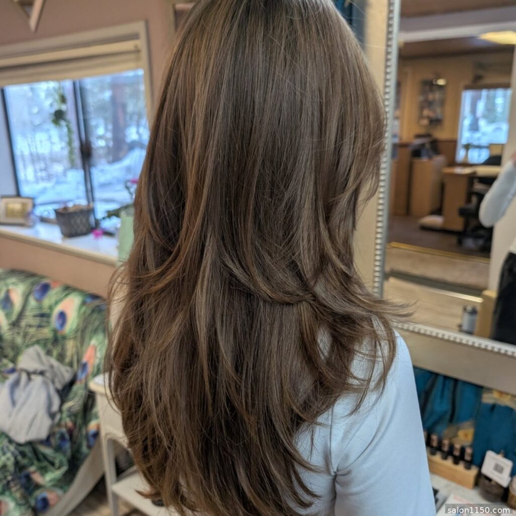Long wolf cut with soft layers shown from behind in a salon