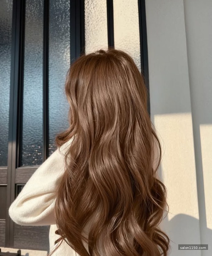 Milk chocolate brown hair color with warm golden tones in golden hour sunlight