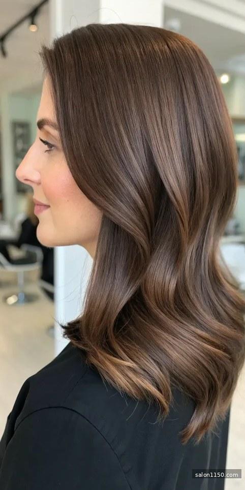 Mocha chocolate brown hair color with cool coffee tones in neutral studio light