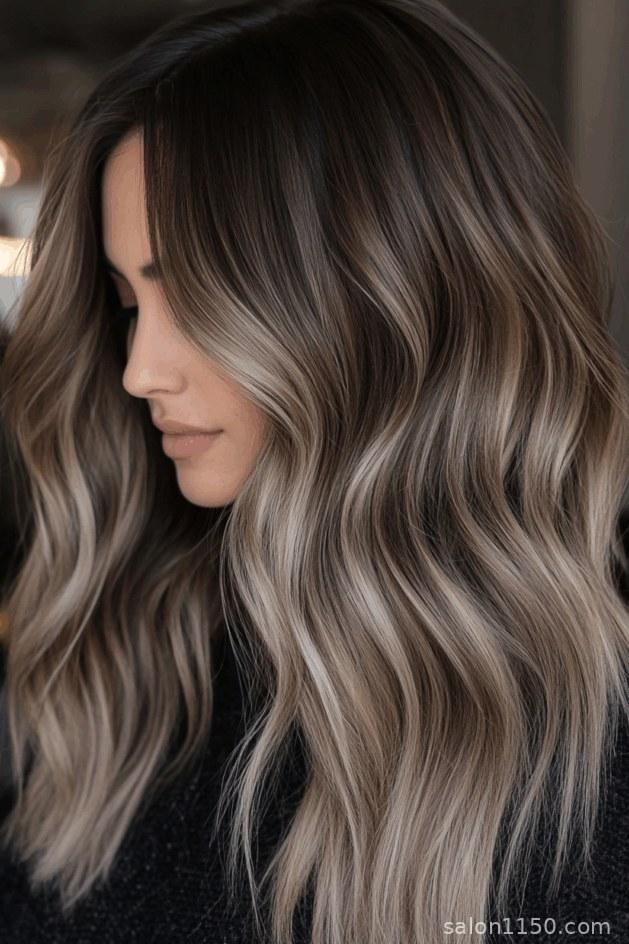 Dimensional mushroom brown balayage with ashy highlights and lowlights