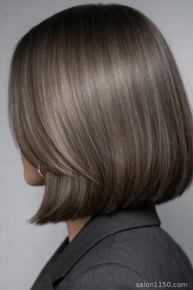 Mushroom brown hair color on a sleek bob haircut showing cool taupe tones