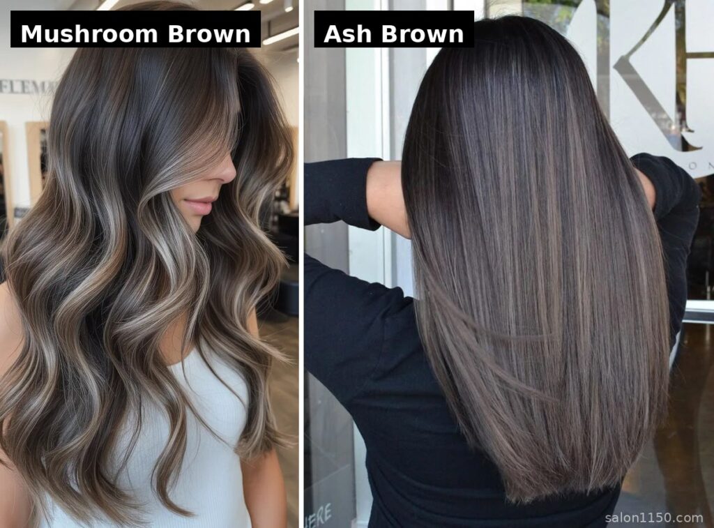 Comparison of mushroom brown and ash brown hair color showing the difference in dimension