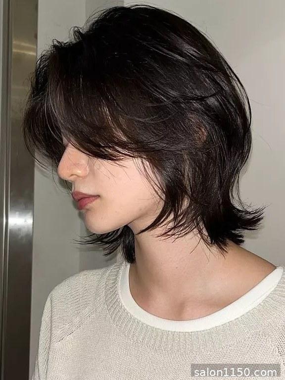 Short dark wolf cut at bob length with textured ends