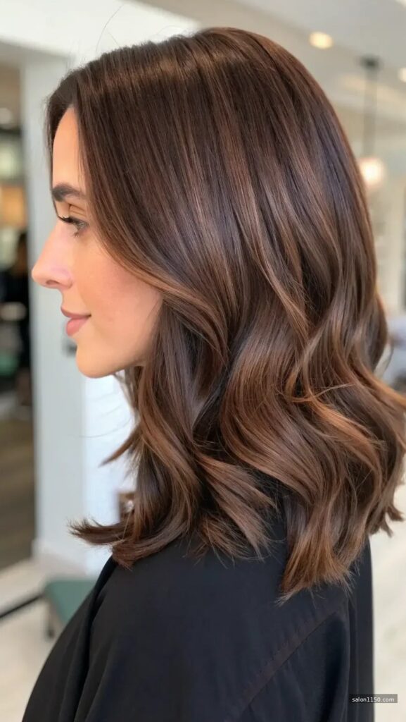 Warm chocolate brown hair color with copper and gold undertones in window light