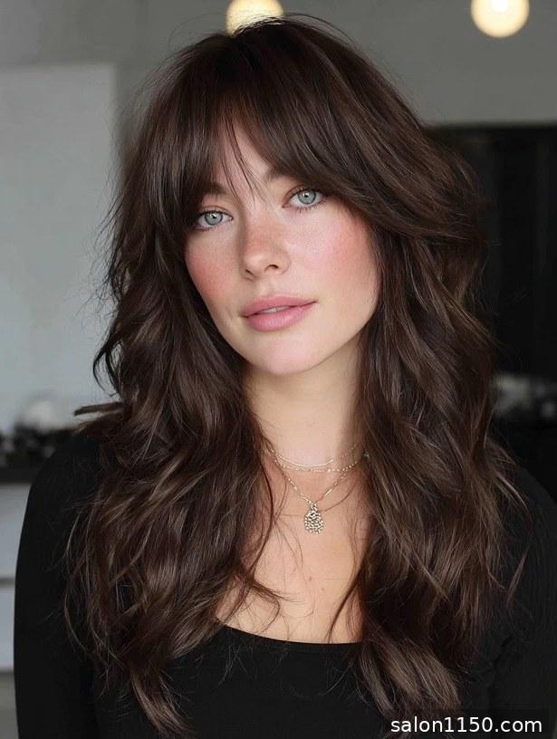 Wavy hair with curtain bangs and textured layers