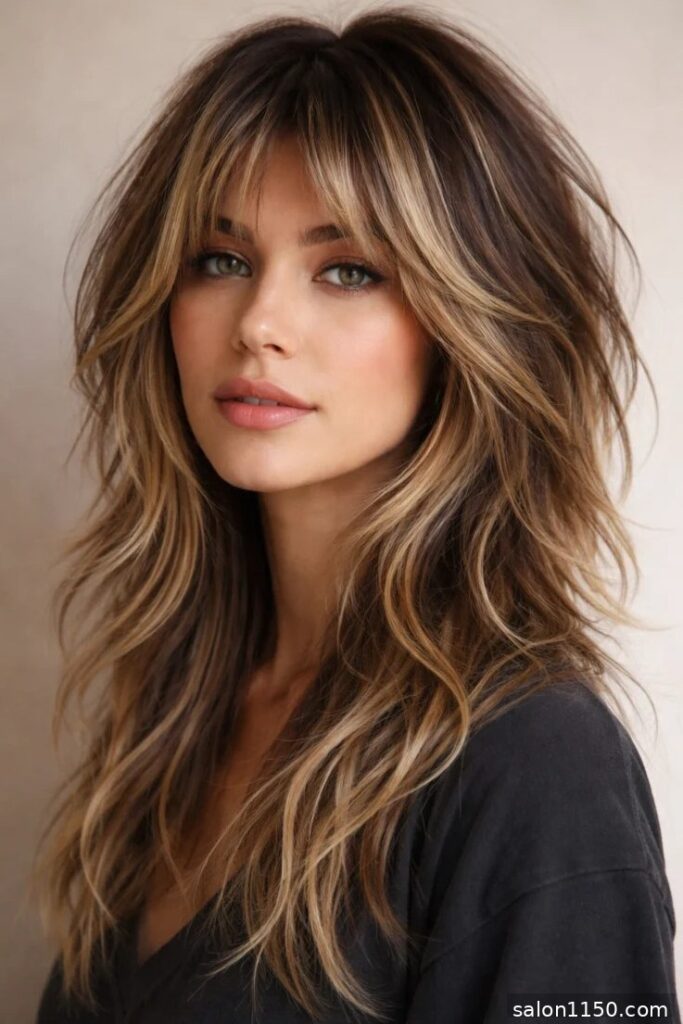 Wolf cut with curtain bangs and balayage highlights