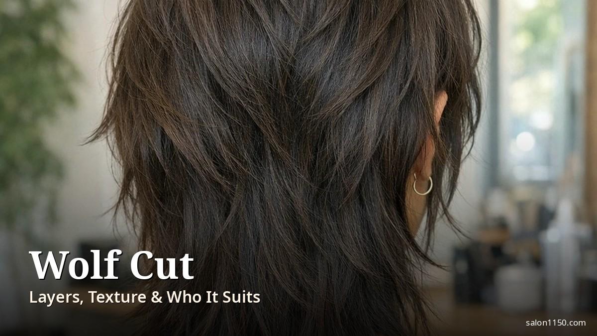 Featured image for the wolf cut guide — layered wolf cut hairstyle shown from behind in a salon, covering layers, texture and who it suits