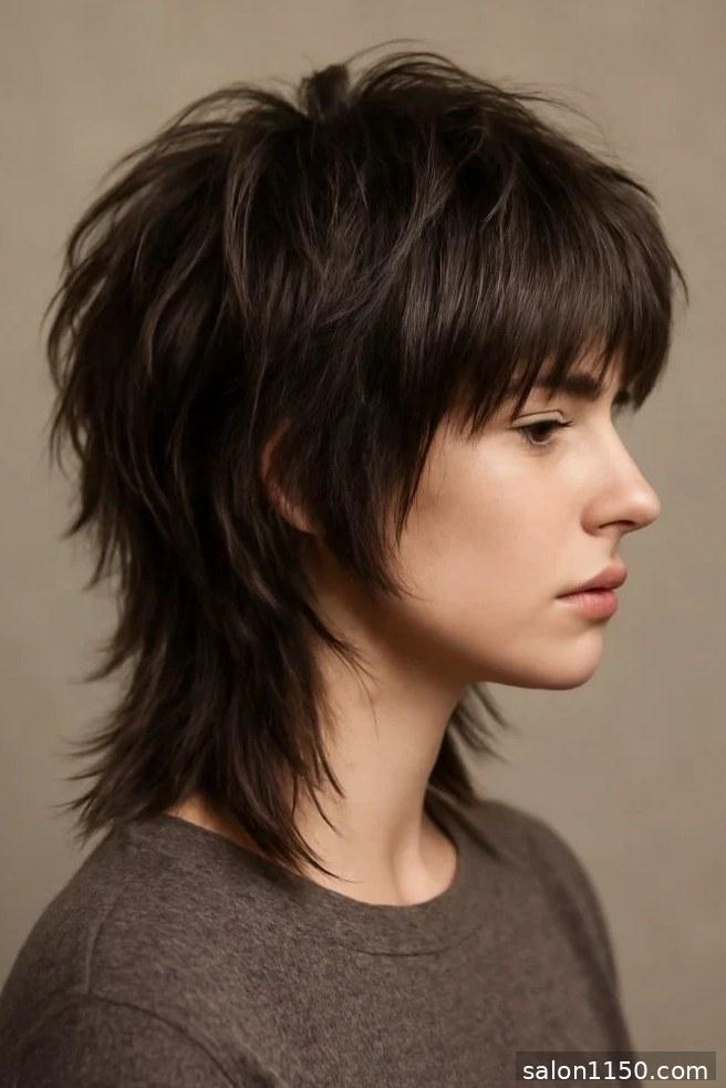 Dark shaggy wolf cut with textured layers in side profile