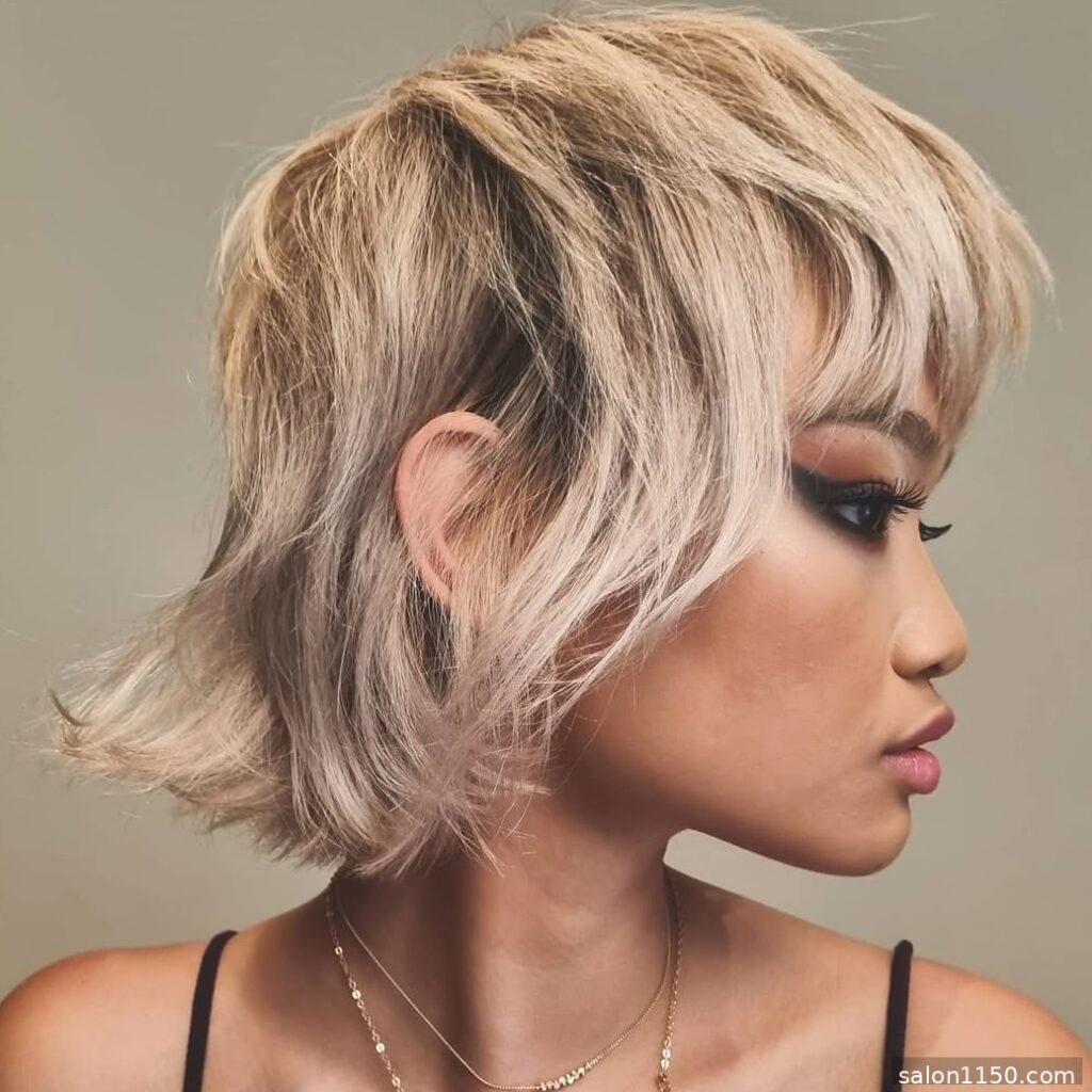 Layered blonde wolf cut shown in side profile